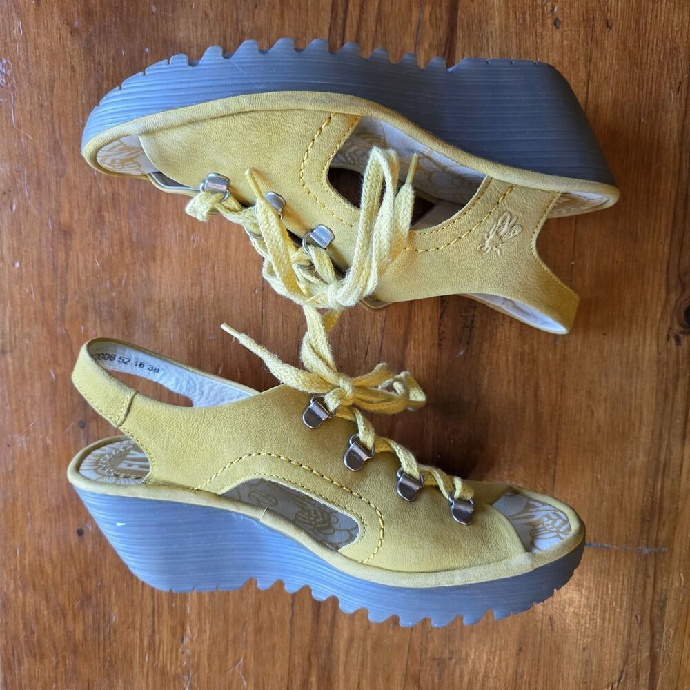 FLY London Women's 38 Ylfa Lace Up Wedge Yellow Sandals Made In Portugal - Picture 7 of 9